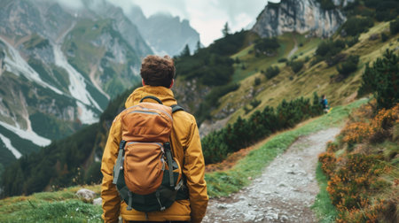 Man with backpack, lost in thought while hiking along a scenic mountain pathの素材