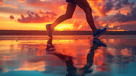 Sports girl's silhouette running at sunset, her legs in focus against a colorful skyの素材