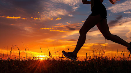 Sunset road run with a sports girl's silhouette, her legs in motion against the skyの素材