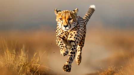 Cheetah mid-run with paws off the ground, demonstrating its powerful stride and agilityの素材
