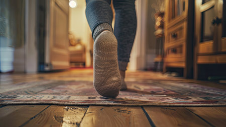 Detail of a woman's sock-covered foot walking on a wooden floor at homeの素材