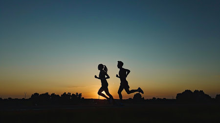 Silhouette of a couple sprinting at sunrise, their training session illuminated by dawnの素材
