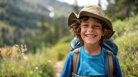 Young boy with hiking gear, smiling for the camera amidst beautiful outdoor sceneryの素材