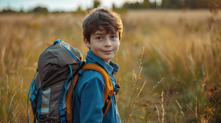 Young boy with hiking backpack, posing for a portrait in a beautiful natural settingの素材