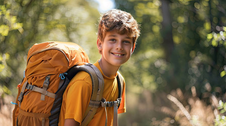 Portrait of a teen boy with a backpack, looking excited for a hiking adventureの素材