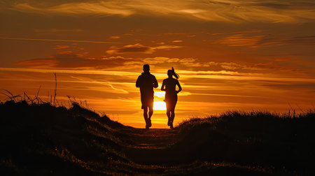 Sunrise run with a couple, their silhouettes highlighting their morning trainingの素材