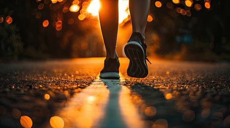 Silhouette of a sports girl's legs running at sunset, the road glowing in the evening lightの素材