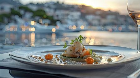A fresh seafood ceviche, elegantly plated with the harbor as a backdropの素材