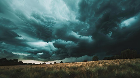 Dark, rolling clouds in the sky, creating a moody and dramatic sceneの素材