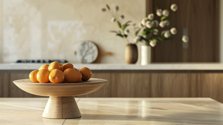 Elegant kitchen setup showcasing an unoccupied wooden pedestal on a sleek dining table with a neutral backgroundの素材