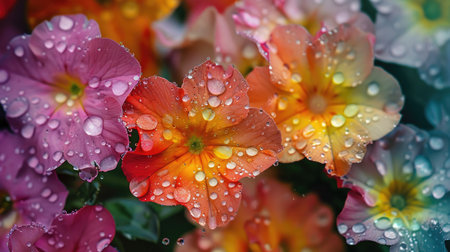 Close-up of rainy meadow flowers, showcasing colorful petals with water dropletsの素材