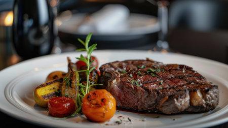 A perfectly cooked ribeye steak with a side of roasted vegetables, elegantly plated in a luxury restaurantの素材