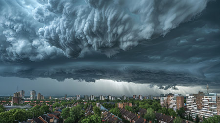 Black clouds covering the sky, creating a sense of impending weatherの素材