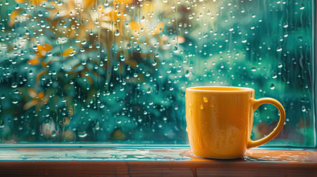Coffee mug on a windowsill, with rain outside creating a cozy indoor sceneの素材