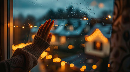 Close-up of a woman's left hand on a window, with a view of a cozy, lit-up house outsideの素材