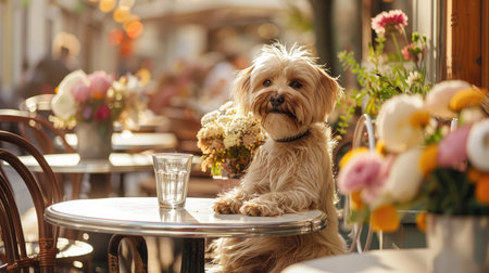 Dog sitting gracefully at a cafe table adorned with fresh flowers and stylish tablewareの素材