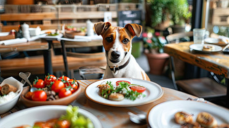 Dog enjoying a cafe experience, sitting amidst appetizing dishes and cozy decorの素材