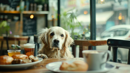 Cute canine enjoying a cafe outing amidst beautifully arranged food and drinksの素材