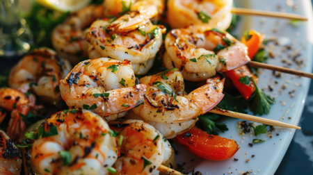 Grilled shrimp skewers with a side of vegetables, served in a waterfront restaurantの素材