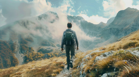 Man hiking in the mountains, reconnecting with nature and himselfの素材