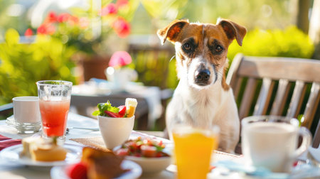 Pet dog sitting politely at a cafe table set with colorful beverages and appetizersの素材