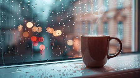 Steaming mug of hot chocolate on a windowsill, with raindrops on the glassの素材
