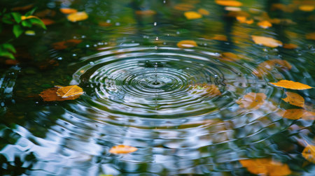 Raindrops creating ripples in a puddle, illustrating nature's poetic cleansingの素材