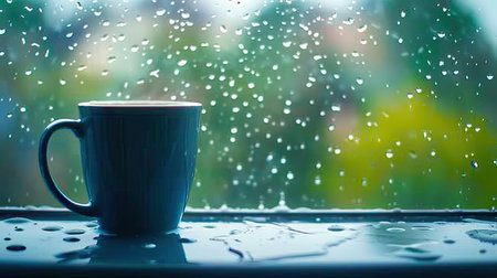 Hot beverage in a mug on a windowsill, with raindrops creating a calming effectの素材
