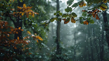Rainy day in a quiet forest, with drops glistening on foliage, symbolizing cleansing poetryの素材