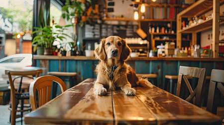 Pet dog sitting in a charming cafe surrounded by freshly served dishes and cozy decorの素材