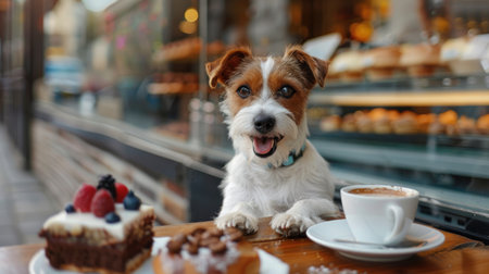 Happy dog sitting at a cafe table with a view of delectable desserts and aromatic coffeeの素材