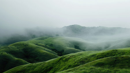 Misty rain over rolling hills, representing the soul's cleansing by natureの素材