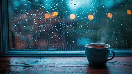 Hot beverage in a cup next to a window, with rain creating a tranquil backdropの素材