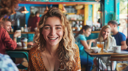 Portrait of a cheerful woman in her coffee shop, surrounded by customers enjoying their drinksの素材