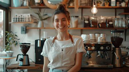 Happy woman standing beside the espresso machine in her cozy coffee shopの素材