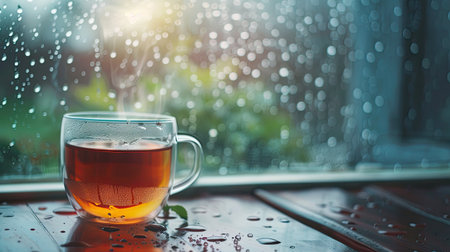 Steaming hot tea next to a window on a rainy day, with raindrops visible on the glassの素材