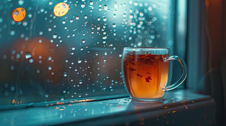 Steaming tea in a cup by a window, with raindrops on the glass creating a serene sceneの素材