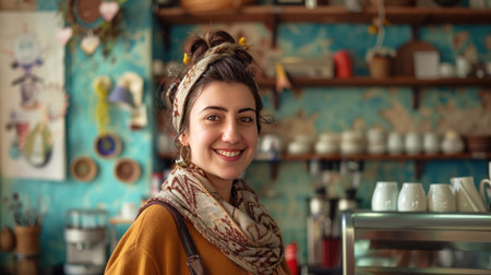 Portrait of a happy woman in her coffee shop, with a beautifully decorated interiorの素材