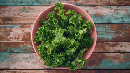 Artistic arrangement of organic kale leaves in a pink bowl, set against a wooden backgroundの素材