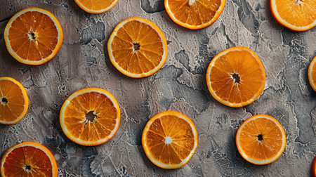 Artistic arrangement of orange slices on a textured table, creating a vibrant and fresh food backdropの素材