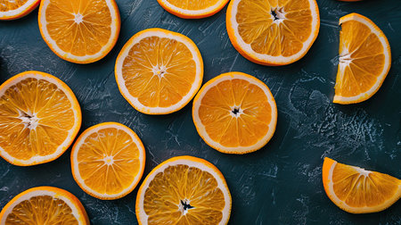 Artistic arrangement of orange slices on a dark table, forming a striking and appetizing backgroundの素材