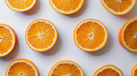 Close-up of orange slices laid out in a pattern on a clean white table, forming a bright and refreshing backgroundの素材