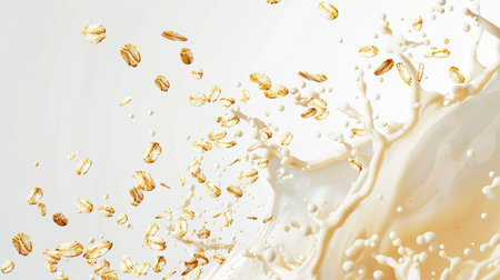 Artistic image of falling oat flakes and milk splash, set against a white backgroundの素材