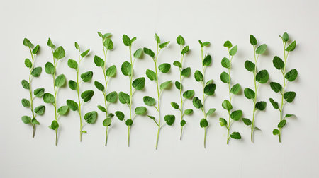 Artistic arrangement of sunflower seedlings in a symmetrical pattern on a minimalist white surfaceの素材