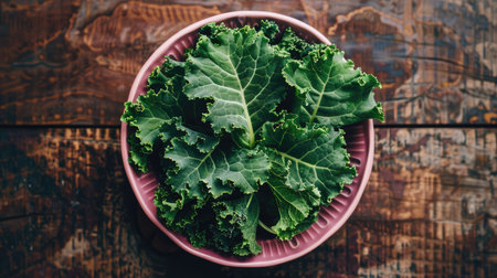 Artistic arrangement of organic kale leaves in a stylish pink bowl, enhancing the natural appeal of a wooden surfaceの素材