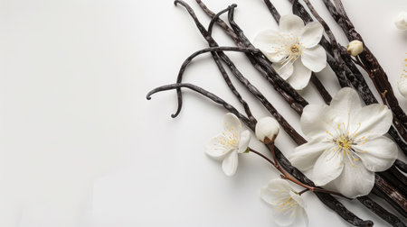 Artistic display of vanilla flower and vanilla beans, emphasizing natural beauty on a white backdropの素材