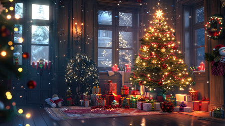 A festive holiday scene with decorated Christmas tree, gifts, and twinkling lightsの素材