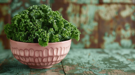 Artistic display of organic green kale in a chic pink bowl, contrasting with a textured wooden tabletopの素材
