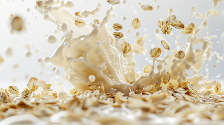 Dynamic oat flakes and milk splash scene, isolated on a clean white backdropの素材