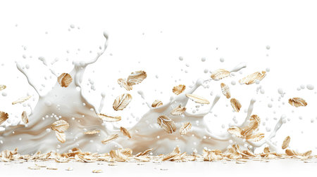 Artistic capture of oat flakes and milk splash, isolated perfectly on a white backdropの素材